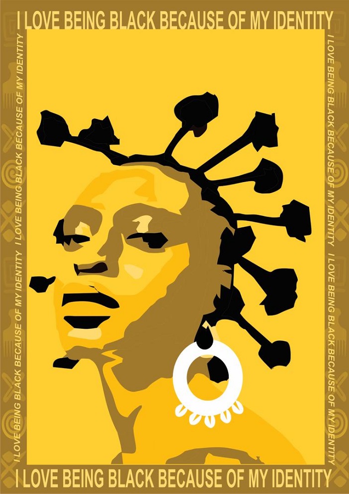 A poster design illustrated in the colour yellow and black with a stencil image of a Black woman looking at the viewer, she is wearing a circular white earing. The phrase I LOVE BEING BLACK BECAUSE OF MY IDENTITY surrounds the frame.